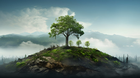 Tree on a hillside in the fog. 3d illustration.の素材