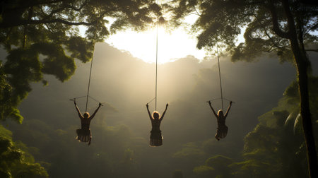 Silhouette of two girls swinging on a swing in the jungleの素材