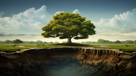 Big tree in the middle of the field, 3d render.の素材