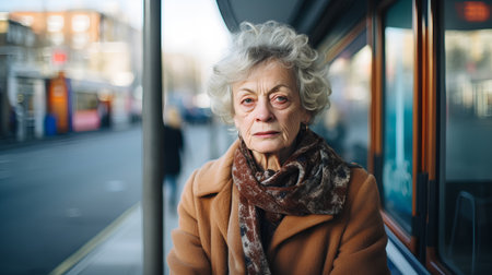 Portrait of an elderly woman in a coat in the city.