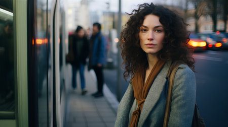 Portrait of a beautiful young woman with curly hair in the cityの素材