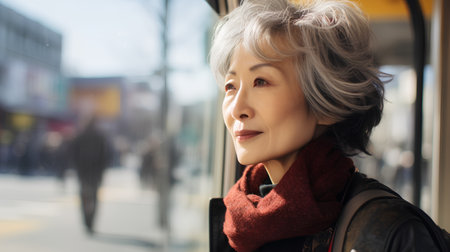 Portrait of a beautiful middle-aged woman with short gray hair and a red scarf in the cityの素材