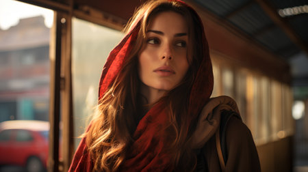 Portrait of a beautiful young woman in a red shawl.の素材