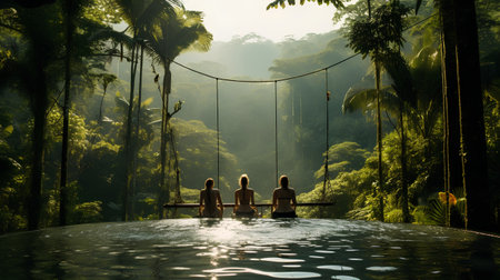Couple of lovers sitting on a swing in a tropical rainforestの素材