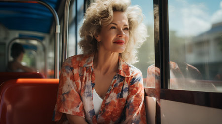 Portrait of a beautiful mature woman with curly blonde hair on the bus.の素材