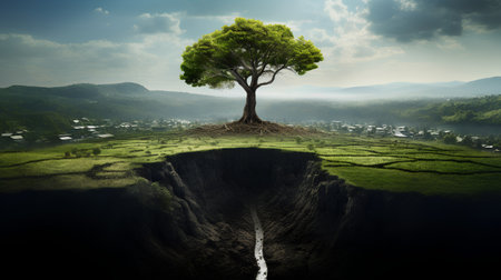 Lonely tree in the rice field,3d render.の素材