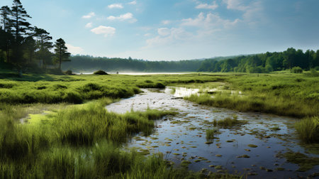 Beautiful summer landscape with a small river in the meadow.の素材