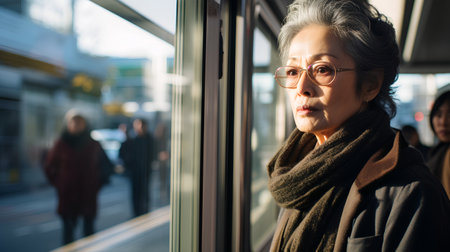 Mature woman with glasses and coat looking through the window in the cityの素材