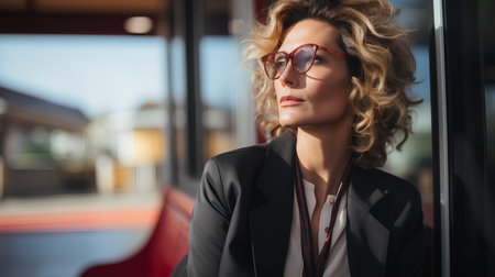 Portrait of a beautiful young woman in a business suit and sunglasses.の素材