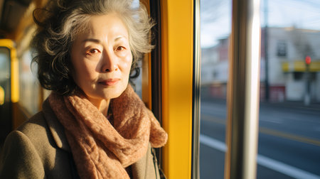 Portrait of senior asian woman standing by the window in the tram.の素材