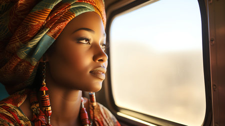 Beautiful african american woman with headscarf in trainの素材