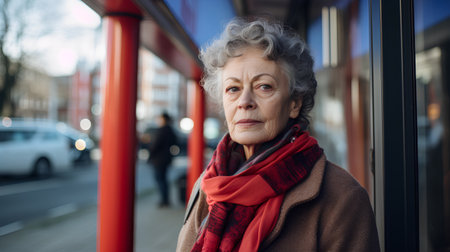 Portrait of a senior woman in a coat and scarf on a city street.の素材