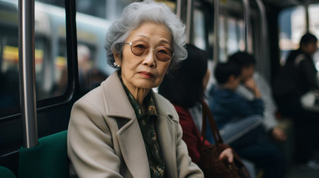 Portrait of a senior Asian woman in a public transport. She is wearing a coat and glasses.の素材