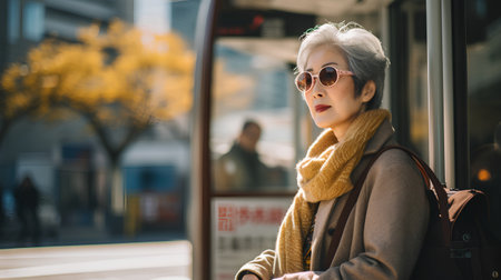 Beautiful senior woman with gray hair and wearing sunglasses in the cityの素材