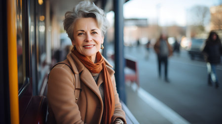 Portrait of smiling senior woman standing in tram station, looking at cameraの素材