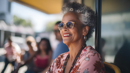 Portrait of smiling senior woman in sunglasses sitting in bus with friends on background.の素材