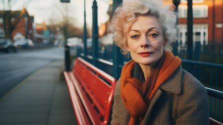 Portrait of a beautiful mature woman with curly hair in the cityの素材