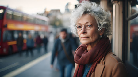 Portrait of an elderly woman in the city. She is wearing glasses and a red scarf.の素材