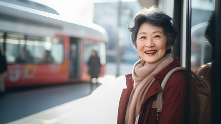Asian senior woman waiting for train at railway station in Tokyo, Japanの素材