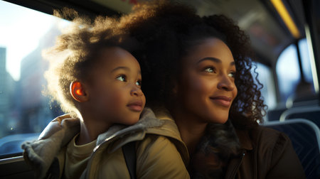 african american mother and daughter looking away while riding in busの素材