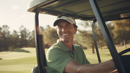 Portrait of smiling mature man driving golf cart on golf course.の素材