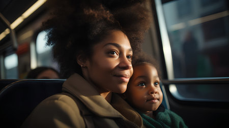 african american mother with baby in bus at night, family travel conceptの素材
