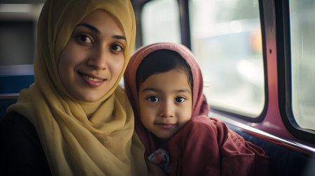 Muslim family traveling by train. Portrait of muslim mother and daughter in the train.の素材