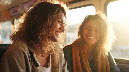 Two beautiful young women traveling together by train, smiling and looking at each otherの素材