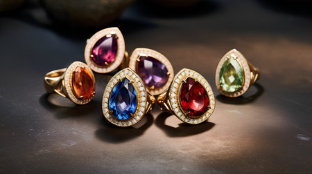 Jewelry gold ring with precious stones on a dark background.の素材