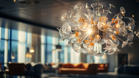 Luxury crystal chandelier hanging on ceiling in luxury hotel lobbyの素材