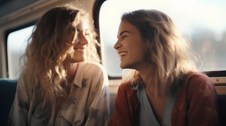 Two beautiful young women traveling by a train. They are looking at each other and smiling.の素材