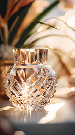 Beautiful luxury perfume bottle on the background of tropical flowers, closeupの素材