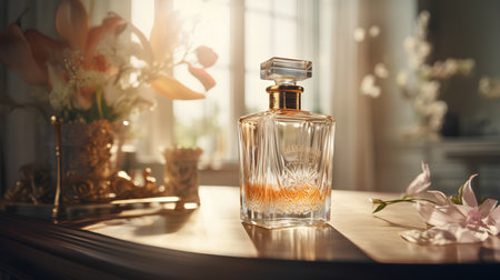 Perfume bottle on the table in the interior of the roomの素材