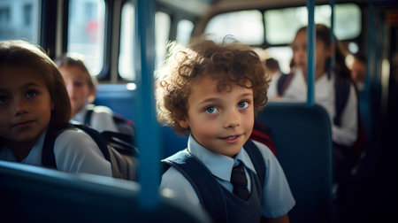 Portrait of a little boy with curly hair in a school busの素材