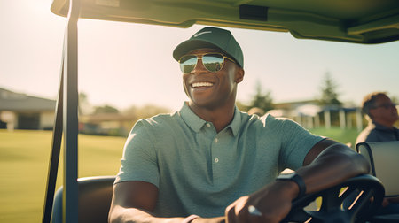 Portrait of happy african american man driving golf cart at golf course. Young golfer driving golf car on sunny day.の素材