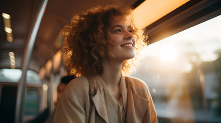 Portrait of a smiling young woman in a train, looking out the windowの素材