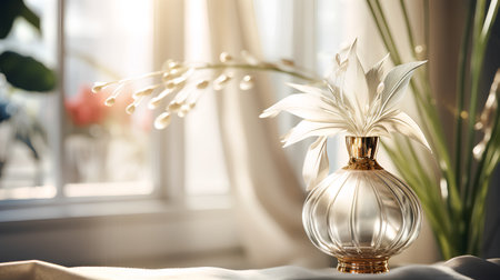 Vase with white lily flower on the background of the windowの素材