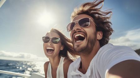 Cheerful young couple in sunglasses taking selfie on a yacht.の素材