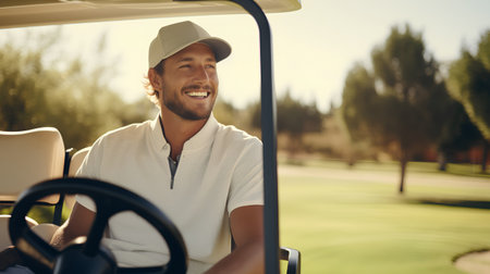 Golf player driving golf cart on course. Young man in cap and t-shirt smiling and looking at camera.の素材