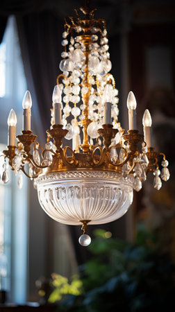 Beautiful crystal chandelier in a luxury house. Selective focus.の素材