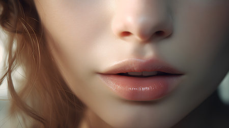 Closeup portrait of a beautiful young woman's lips. Beauty, fashion.の素材