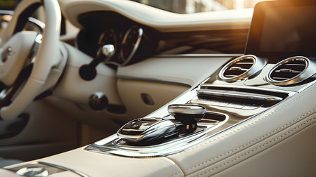 Modern luxury car interior details. Steering wheel and dashboard. Car detailing.の素材