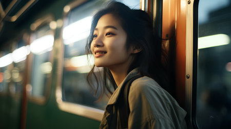 young beautiful and happy Asian Korean tourist woman in urban city subway train car smiling cheerful and relaxed in travel conceptの素材