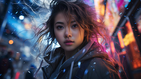 Beautiful young asian woman in winter clothes posing in the city.の素材