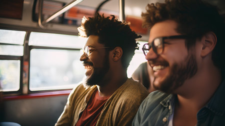 Group of young multiethnic people traveling together by train. Smiling and looking at each other.の素材