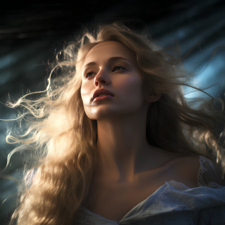 Portrait of a beautiful young woman with long blond hair and blue eyesの素材
