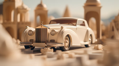 Vintage car on the background of the city. 3d illustrationの素材