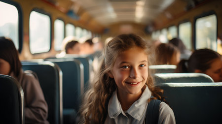 Portrait of a smiling schoolgirl in the train. Selective focus.の素材
