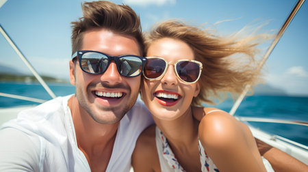 Happy young couple on a yacht in the sea, enjoying summer vacationの素材
