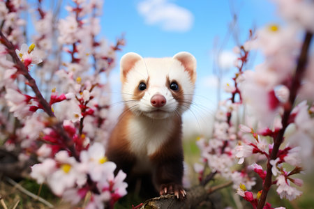 Cute ferret in blooming garden. Animal on nature backgroundの素材